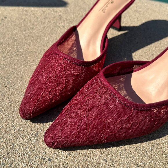 New Burgundy Wine Lace Mesh Pointed Toe Slide Mules Sandals Kitten Stiletto Heel - Picture 5 of 6
